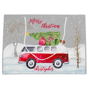 Bolsa De Regalo Grande Camión Rojo Feliz Navidad Gris