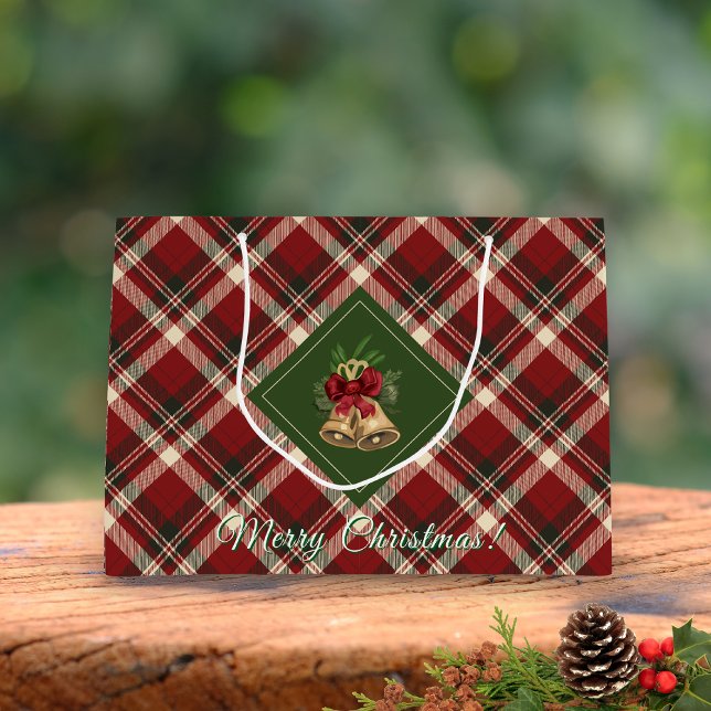 Bolsa De Regalo Grande Campana de Navidad Rustic Merry Green Gingham (Subido por el creador)