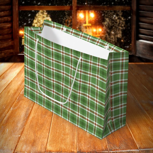 Bolsa De Regalo Grande Campesina de vacaciones verdes rusticas para navid (Green plaid pattern classic large gift bag.)