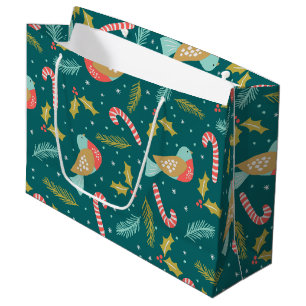 Bolsa De Regalo Grande Candy Canes Holly Pine Boughs Aves