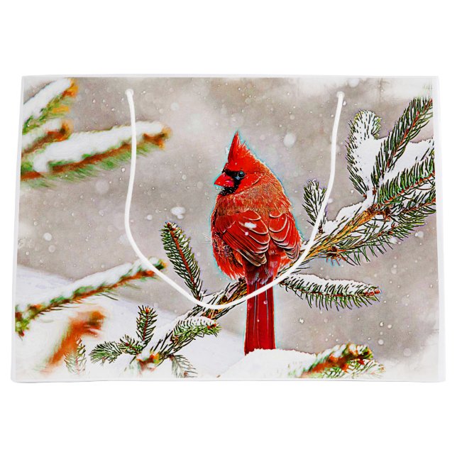Bolsa De Regalo Grande Cardenal en un pino en invierno (Anverso)
