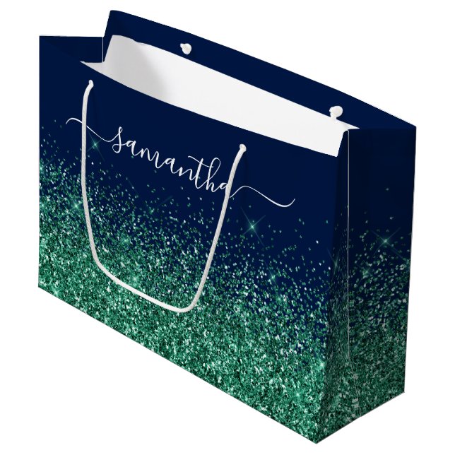 Bolsa De Regalo Grande Cazador azul medianoche Glitter verde Elegante Nom (Angulo Anverso)