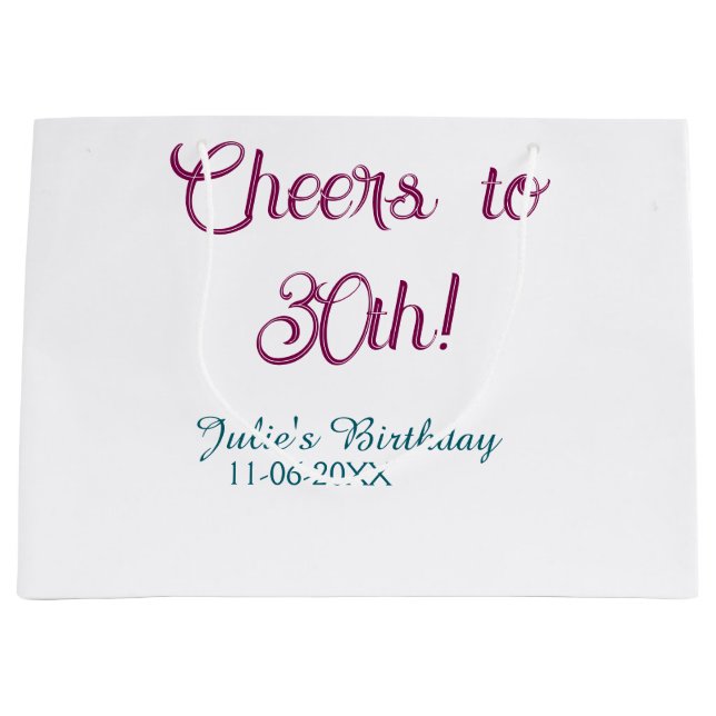 Bolsa De Regalo Grande Cheers to 30th birthday name date mauve blue elega (Anverso)