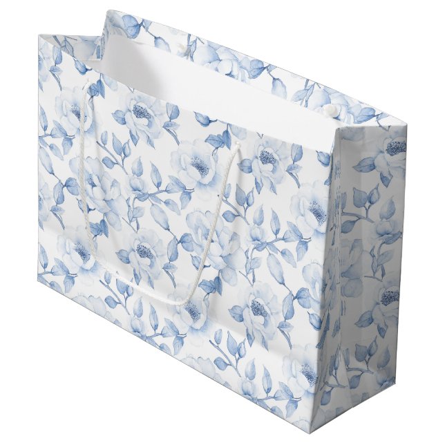 Bolsa De Regalo Grande Chic Azul Flores Blancas Despedida de Soltera (Angulo Anverso)