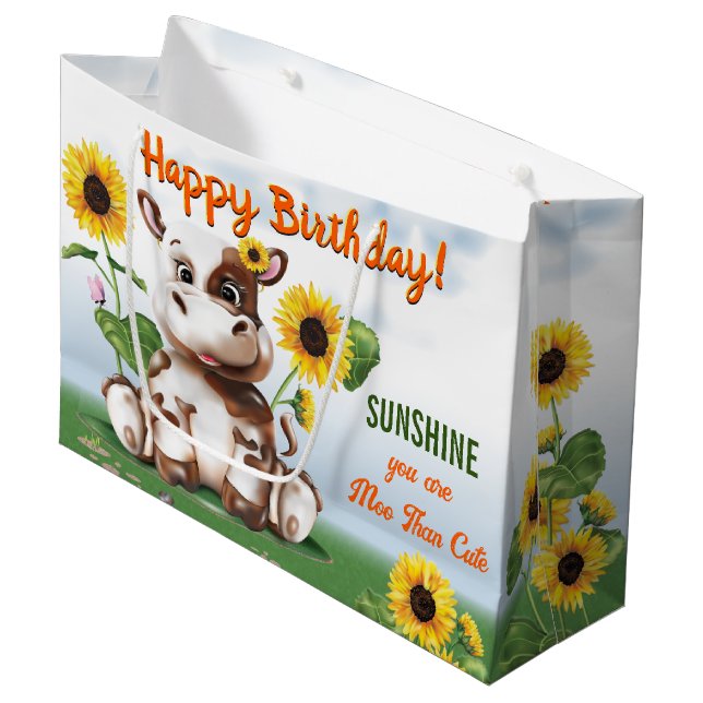 Bolsa De Regalo Grande Chica de vaca marrón niños de girasol Cumpleaños (Angulo Anverso)