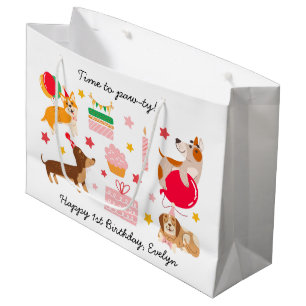 Bolsa De Regalo Grande Chica Feliz primer cumpleaños "Let's Pawty"