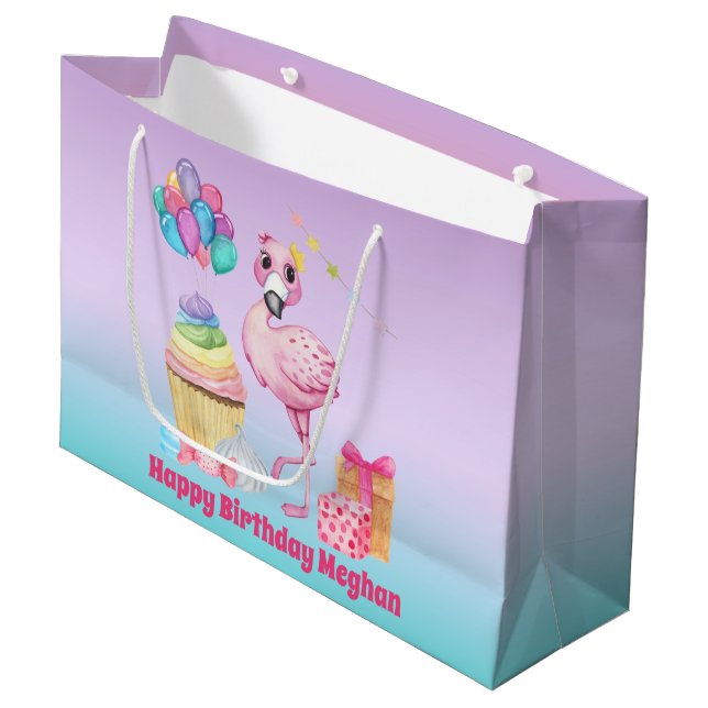 Bolsa De Regalo Grande chicas lindos Birthday flamingo añadir nombre (Angulo Anverso)