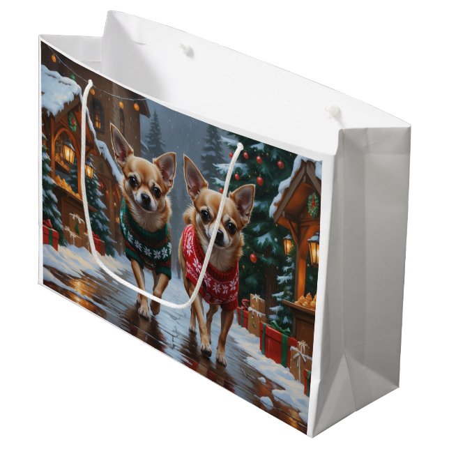 Bolsa De Regalo Grande Chihuahua Dogs Christmas Snow Holiday (Angulo Anverso)