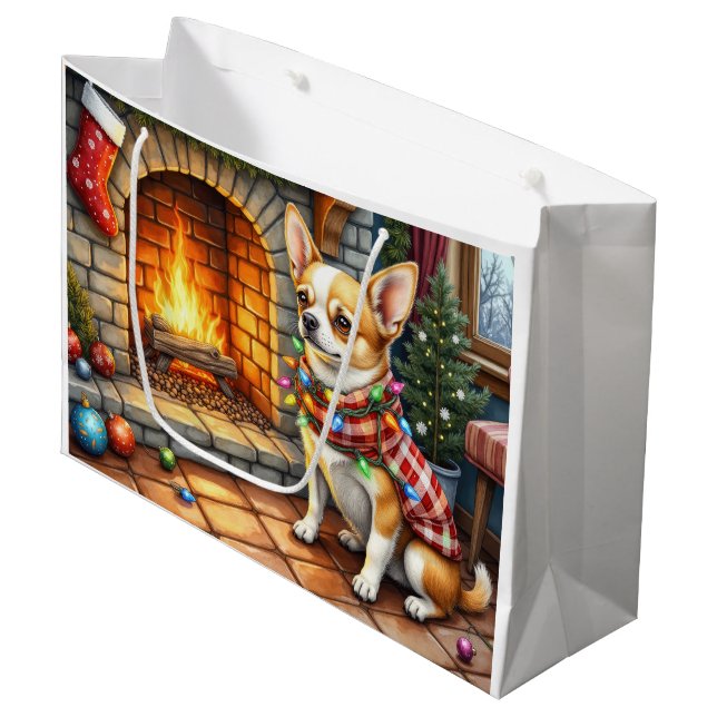 Bolsa De Regalo Grande Chihuahua Sitting Fireplace with Christmas Lights (Angulo Anverso)