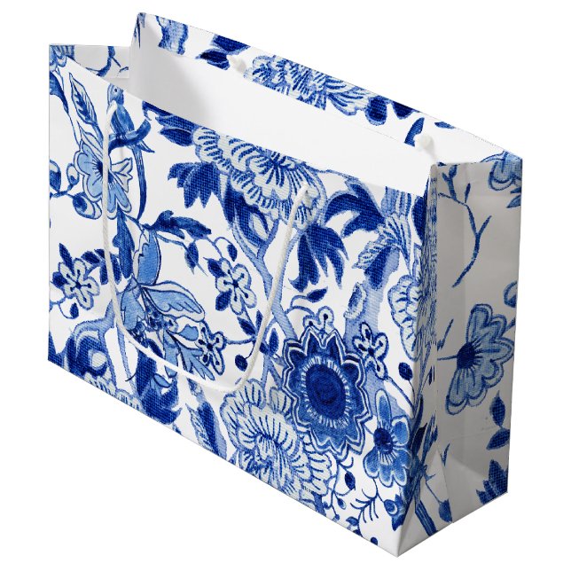 Bolsa De Regalo Grande Chinoiserie Bird Floral Blue Bridal Shower (Angulo Anverso)