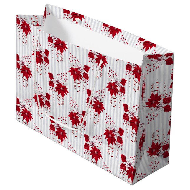 Bolsa De Regalo Grande Christmas Peppermint | Candy Cane Poinsettia Holly (Angulo Anverso)