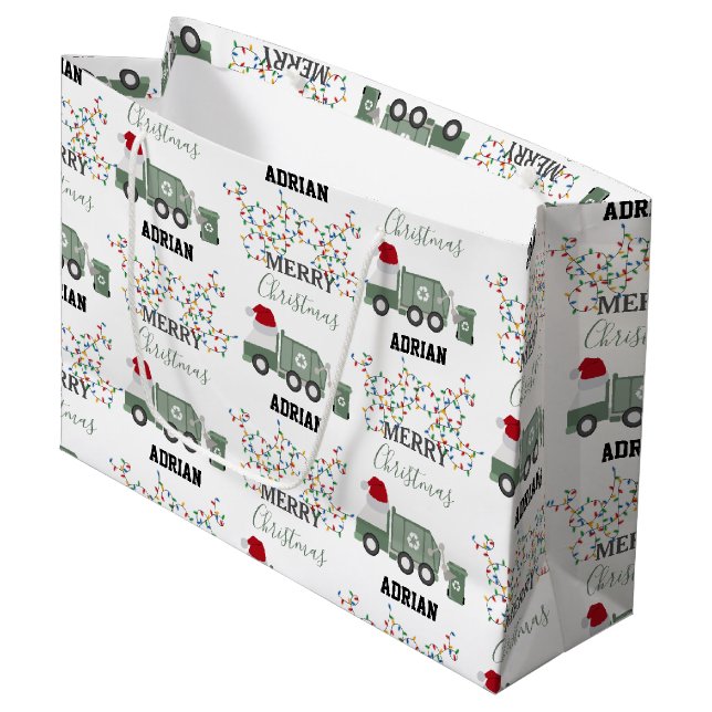 Bolsa De Regalo Grande Christmas Recycling Garbage Truck Custom Name  (Angulo Anverso)