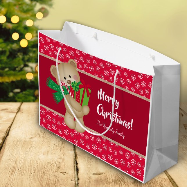 Bolsa De Regalo Grande Christmas Teddy Bear with Gift and Snowflakes, Red (Subido por el creador)