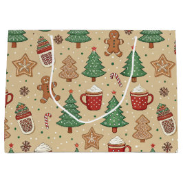 BOLSA DE REGALO GRANDE CHRISTMAS TREES GINGERBREAD MEN HOT COCOA 