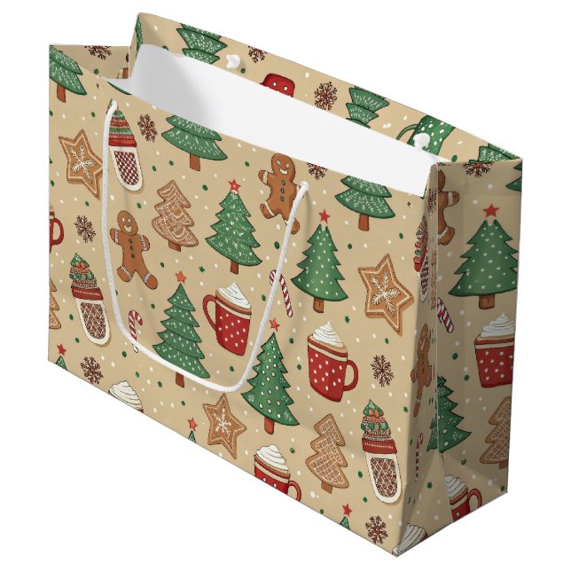 BOLSA DE REGALO GRANDE CHRISTMAS TREES GINGERBREAD MEN HOT COCOA  (Angulo Anverso)
