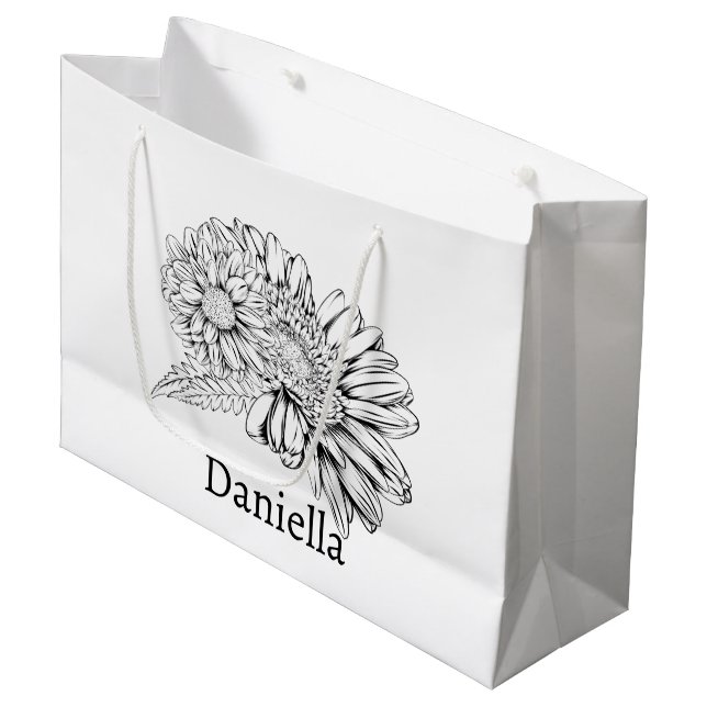 Bolsa De Regalo Grande Chrysanthemum Black Line Drawing with Your Name  (Angulo Anverso)