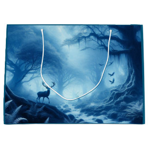 Bolsa De Regalo Grande Ciervo en bosque oscuro de bruma azul