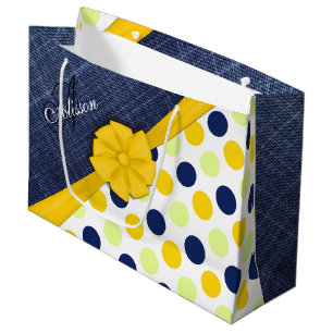 Bolsa De Regalo Grande Cinta amarilla, tela jeans, monograma patrón punto