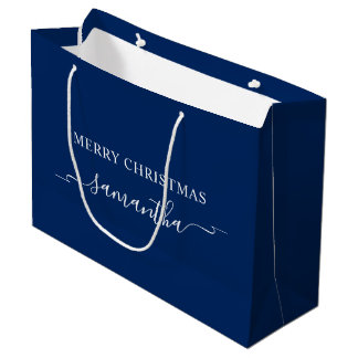 Bolsa De Regalo Grande Cinta de Navidad Alegre Azul Marino y Blanco con N