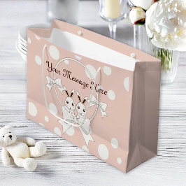 Bolsa De Regalo Grande Cinta rosa pastel y blanca y conejo gemelo