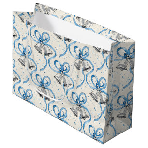 Bolsa De Regalo Grande Cintas Azules y Campanas de Plata Crema