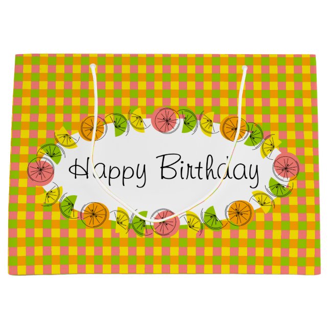 Bolsa De Regalo Grande Citrus Oval Check Feliz Cumpleaños grande (Anverso)