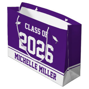 Bolsa De Regalo Grande Clase de 2026 y nombre en morado y blanco regios
