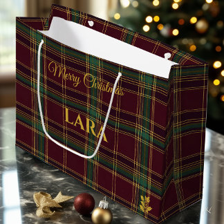 Bolsa De Regalo Grande Clásico Tartán de Navidad en Burgundy y Verde