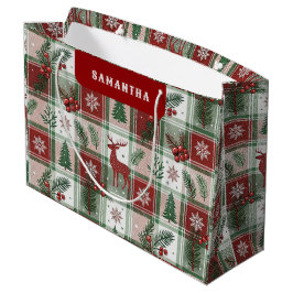 Bolsa De Regalo Grande Classic Vintage Christmas Plaid & Holly Pattern