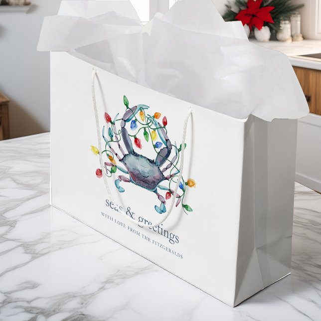 Bolsa De Regalo Grande Coastal “Seas & Greetings” Crab Holiday (Subido por el creador)