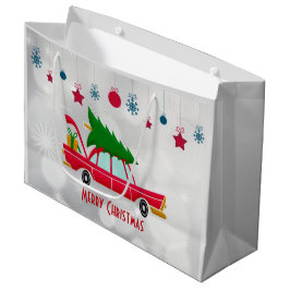 Bolsa De Regalo Grande Coche rojo retro que lleva un árbol de Navidad