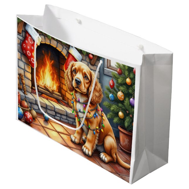 Bolsa De Regalo Grande Cocker Spaniel junto a la chimenea con luces de Na (Angulo Anverso)