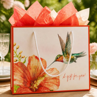 Bolsa De Regalo Grande Colibrí y Flor de Hibisco