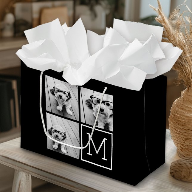 Bolsa De Regalo Grande Collage de fotos negro y blanco de moda con monogr (Custom Gift Bag)