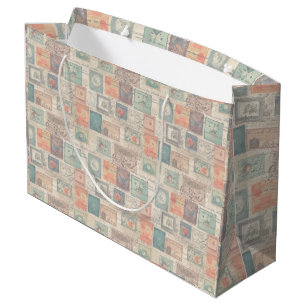 Bolsa De Regalo Grande Collage de sellos de correos de fantasía Faux 6 lu