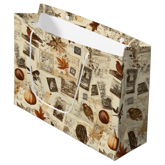 Bolsa De Regalo Grande Collage rustico del Ephemera del Otoño | Warm Eart (Angulo Anverso)