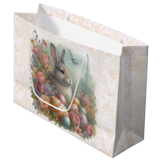Bolsa De Regalo Grande Conejo antiguo de Pascua con floral Damask grande (Angulo Anverso)