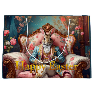 Bolsa De Regalo Grande Conejo elegante bebiendo té Feliz Pascua