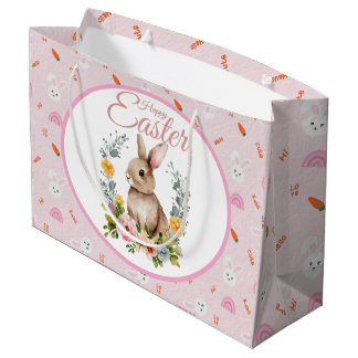 Bolsa De Regalo Grande Conejo Floral Corona de Acuarela Pascua