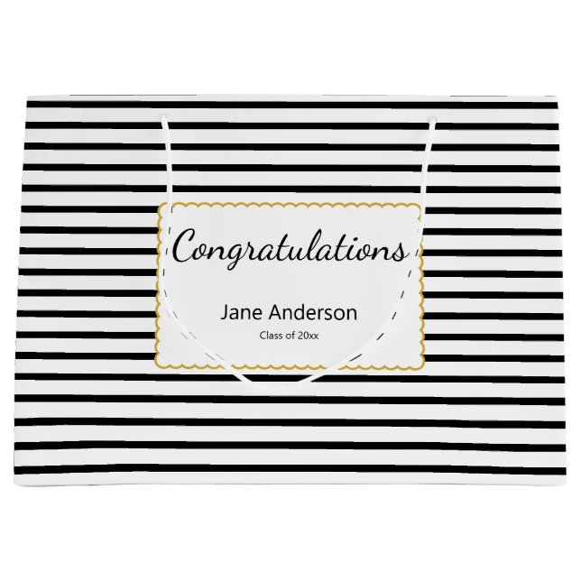 Bolsa De Regalo Grande Congratulations Grad's Name Black & White Stripes (Anverso)