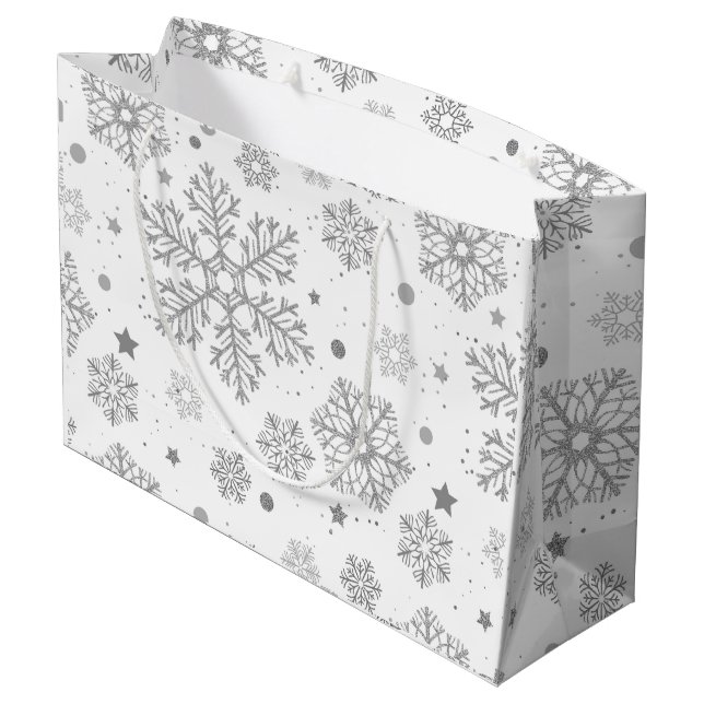 Bolsa De Regalo Grande Copos de nieve plateados en blanco (Angulo reverso)