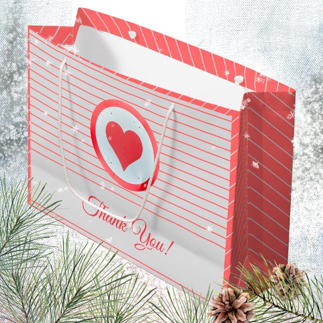 Bolsa De Regalo Grande Corazón moderno de rayas Gracias (Trendy Modern Big Red Heart Striped Thank You Large Gift Bag ©Susanne Sachers - Sunny Mind Design 🌞)