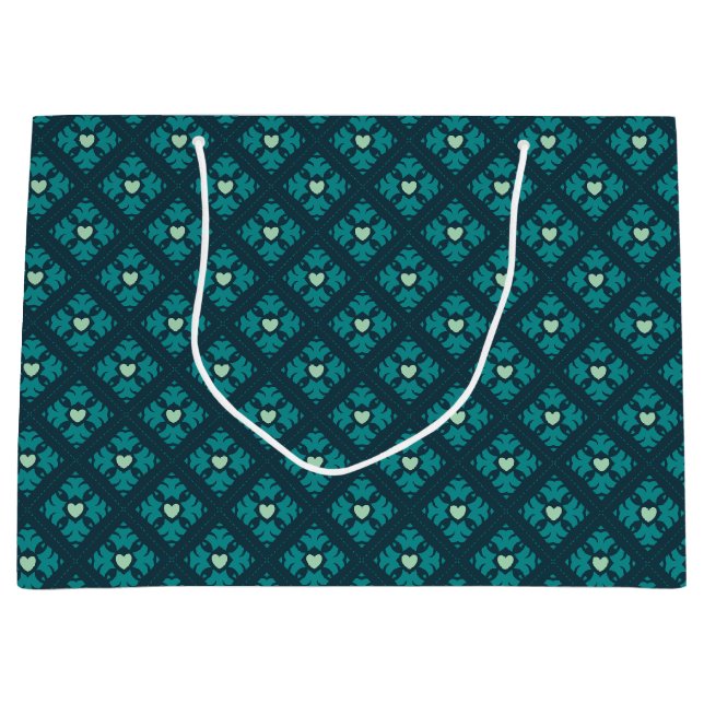 Bolsa De Regalo Grande Corazones de Deco verde azulados con patrones (Anverso)