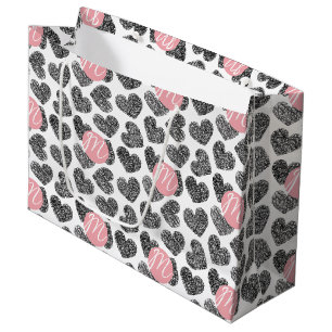 Bolsa De Regalo Grande Corazones de doodle modernos en blanco y negro mon
