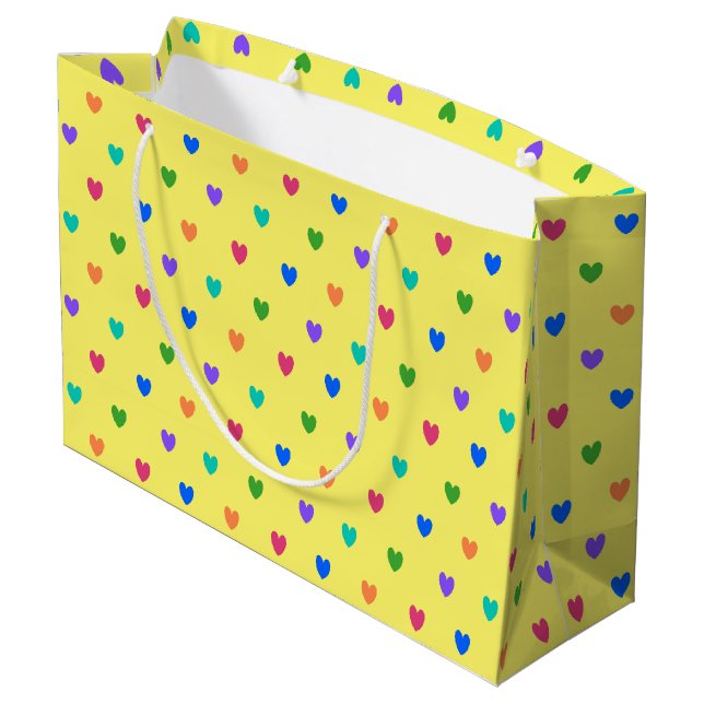 Bolsa De Regalo Grande Corazones de polka arcoiris sobre amarillo (Angulo reverso)