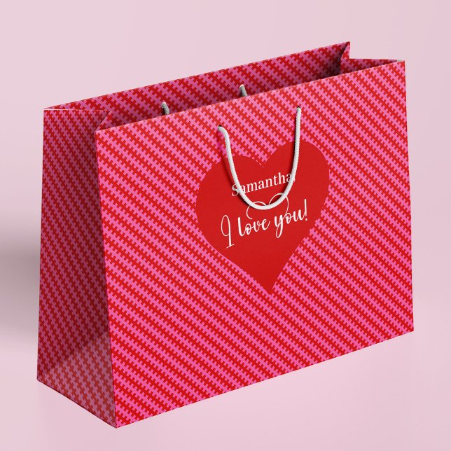 Bolsa De Regalo Grande Corazones rosados de San Valentín personalizados t (Make every Valentine’s gift unforgettable with this pink and red hearts personalized gift bag, )