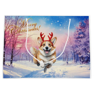 Bolsa De Regalo Grande Corgi de Navidad Reno cuernos saltando en nieve
