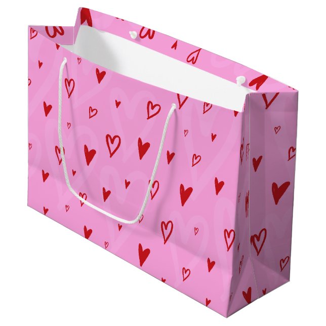 Bolsa De Regalo Grande Cortos corazones rojos en fondo rosado (Angulo Anverso)