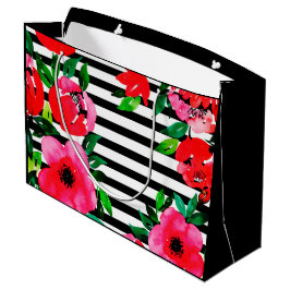 Bolsa De Regalo Grande Costero Preppy | Floral de Raya Negra y Peonía Cor