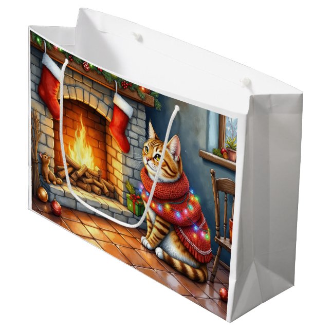 Bolsa De Regalo Grande Cozy Abyssinian Cat by Fireplace Christmas Lights (Angulo Anverso)